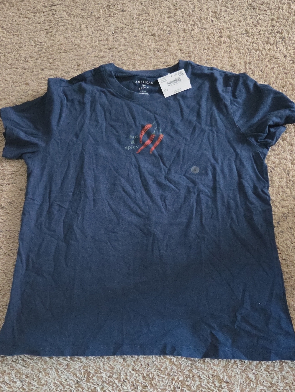 American Eagle Outfitters Navy Tee with Red 'Hot & Spicy' Graphic
